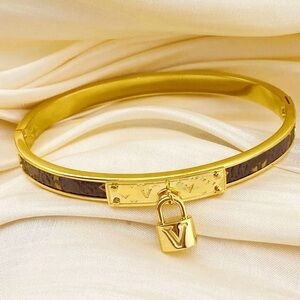 Designer Inspired Gold and Brown Padlock Bangle Bracelet